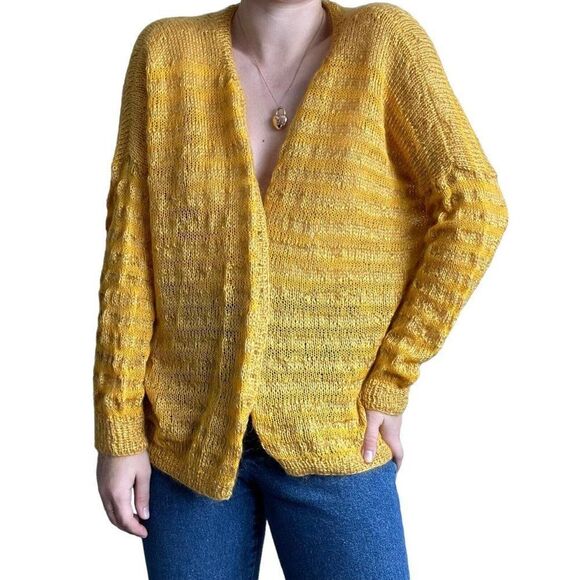 Hand Knit Womens Sunshine Yellow Mohair Blend Sheer Lace Hippie Cardigan Sz M - Picture 1 of 9